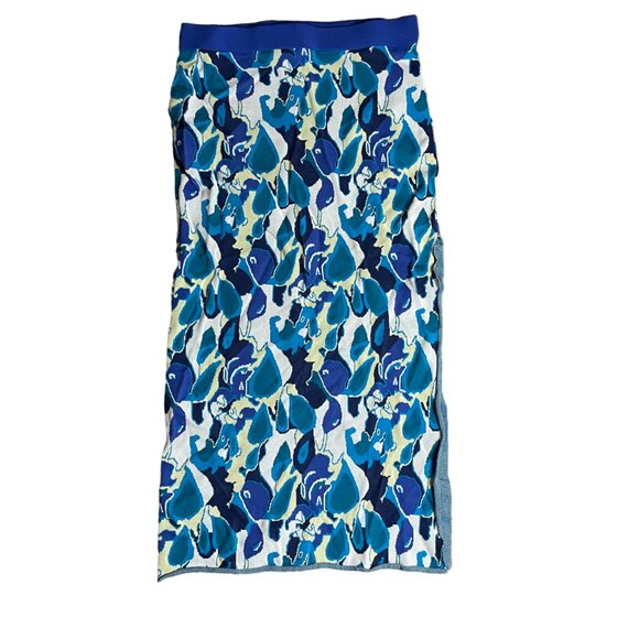 Staud Giovanni Abstract Jacquard Knit Midi Skirt XL blue print slit - Picture 3 of 8